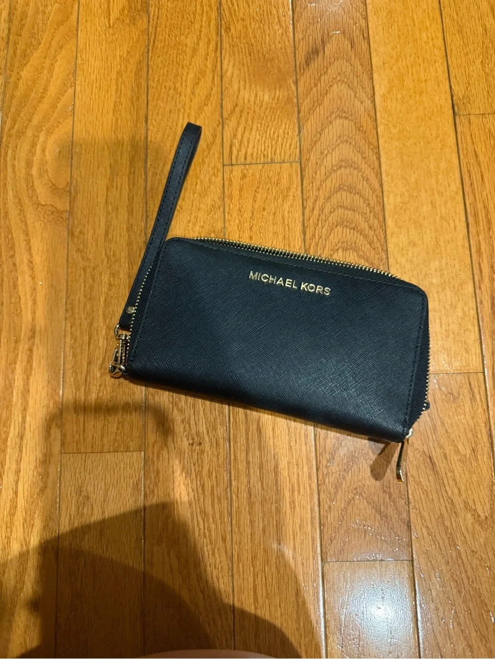 Michael Kors Black Saffiano Leather Zip Wristlet Wallet with Gold Hardware
